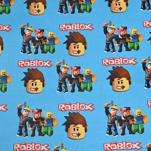 May include: A blue fabric with a repeating pattern of Roblox characters. The characters are wearing different outfits and holding various items. The word "Roblox" is repeated throughout the fabric.