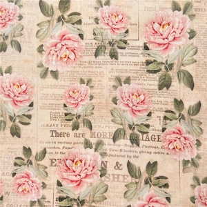 Vintage Floral Newspaper Fabric Antique Print Peony Fabric Retro Botanical Newsprint Fabric Cartoon Cotton Fabric By The Half Yard