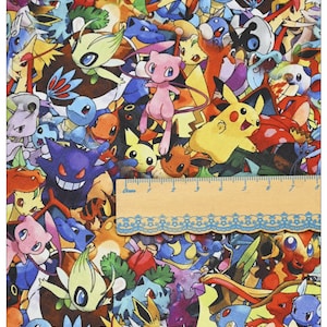 May include: A colorful fabric with a repeating pattern of cartoon Pokemon characters. The fabric features a variety of Pokemon, including Pikachu, Charmander, Bulbasaur, Squirtle, and many more.
