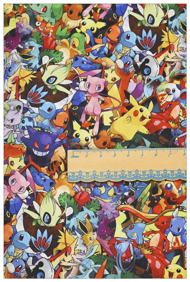 May include: A colorful fabric with a repeating pattern of cartoon Pokemon characters. The fabric features a variety of Pokemon, including Pikachu, Charmander, Bulbasaur, Squirtle, and many more.