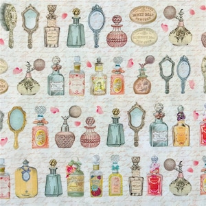 Vintage Perfume & Beauty Fabric Antique Cosmetic Fabric Retro Beauty Accessory Fabric Cartoon Cotton Fabric By The Half Yard