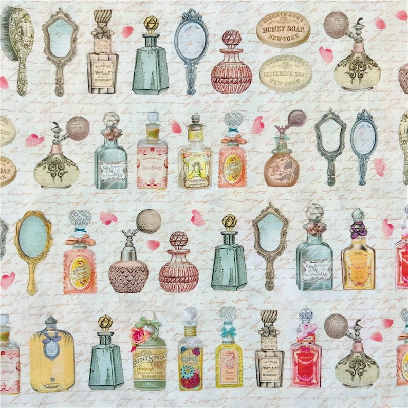 May include: A vintage-style pattern featuring a variety of perfume bottles and hand mirrors. The bottles are in various colors and shapes, with some featuring floral accents. The background is a cream color with a handwritten script pattern.