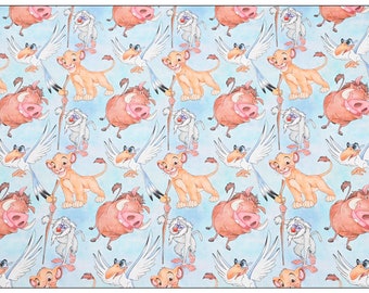 May include: A blue background with a repeating pattern of a lion, a warthog, a bird, and a monkey. The lion is holding a stick, the warthog is running, the bird is flying, and the monkey is walking.