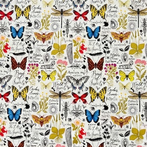 Tela con estampado de mariposas Tela con estampado de insectos naturales Tela de algodón por media yarda