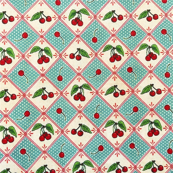 Retro Cherry Fabric Polka Dot & Fruit Fabric Vintage Style Cherry Fabric Cartoon Cotton Fabric By The Half Yard