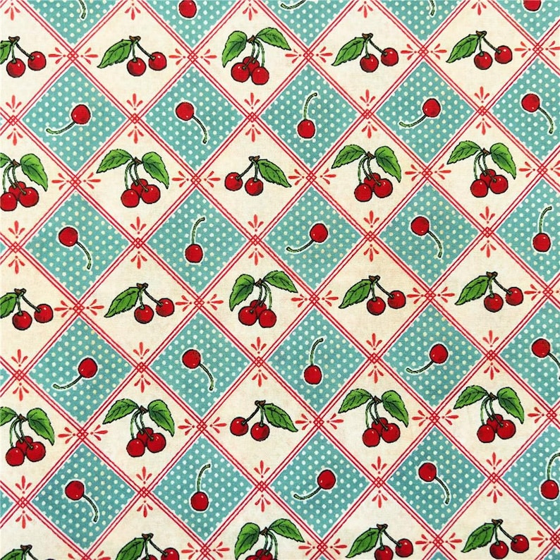 May include: A seamless fabric pattern featuring red cherries with green leaves on a white background with a blue and white checkered pattern.