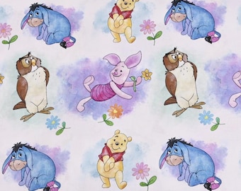 May include: A white background with a repeating pattern of Winnie the Pooh characters, including Piglet, Eeyore, Tigger, and Owl. The characters are illustrated in a watercolor style with soft colors and a whimsical feel.