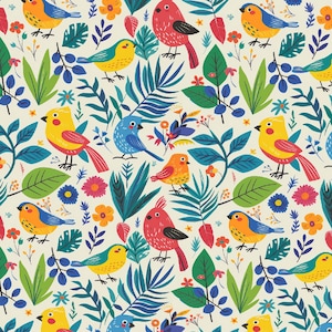May include: A repeating pattern on a cream background featuring stylised birds in shades of yellow, blue, and red, interspersed with various green leaves, blue ferns, and small orange, pink, and blue flowers arranged in a dense botanical design.