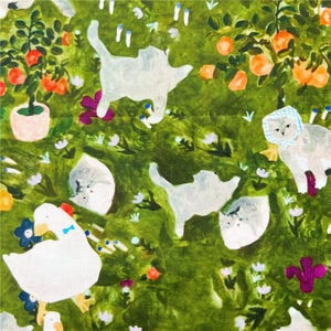 Garden themed Cat and Duck Fabric Pastoral Pet Fabric Cute Animal & Plant Fabric Nature Pet Fabric Cartoon Cotton Fabric By The Half Yard