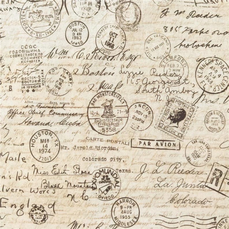May include: A vintage-style background with a brown and white color scheme. The background is covered in handwritten text and postage stamps. The text includes dates, locations, and names. The stamps are from various countries and cities. The background is perfect for scrapbooking, card making, and other paper crafts.