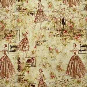 Tela con estampado de moda vintage, tela de moda floral de estilo antiguo, tela de costura retro, tela de algodón con dibujos animados por media yarda