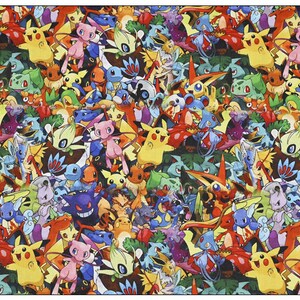 May include: A colorful fabric with a repeating pattern of various Pokemon characters, including Pikachu, Eevee, Charmander, Bulbasaur, Squirtle, and more.