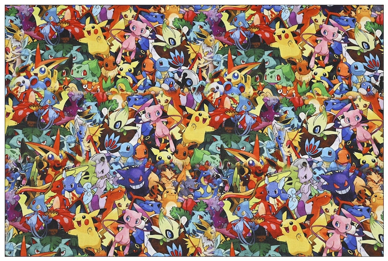 May include: A colorful fabric with a repeating pattern of various Pokemon characters, including Pikachu, Eevee, Charmander, Bulbasaur, Squirtle, and more.