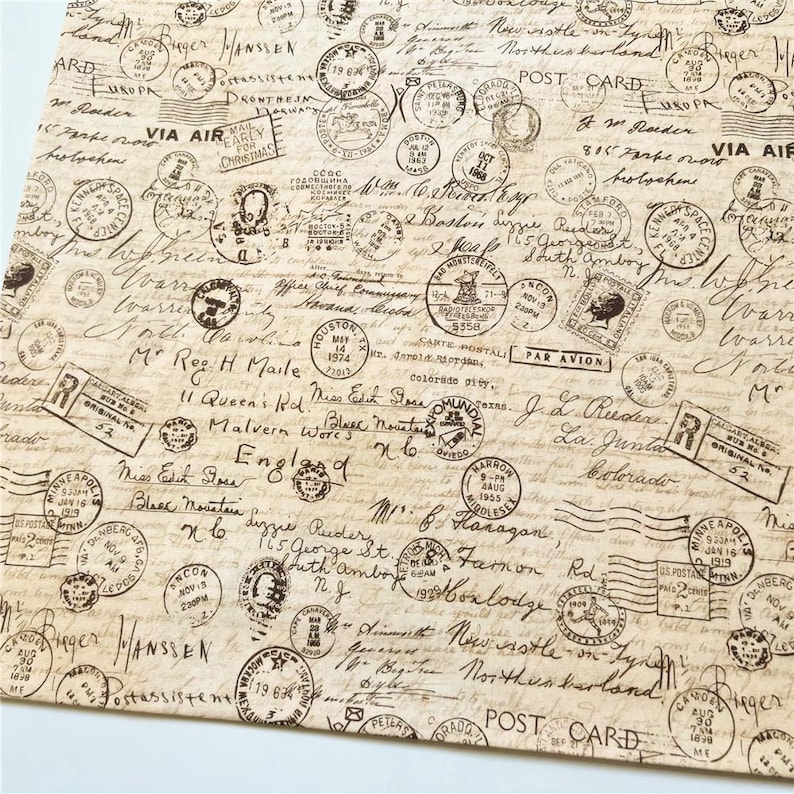 May include: A vintage-style background with a brown and beige color scheme. The background is covered in a pattern of handwritten text and postage stamps. The text includes words like "VIA AIR MAIL", "POST CARD", and "ORIGINAL", and the stamps feature various designs, including a map of the United States, a compass, and a ship.