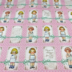 May include: Pink fabric with a repeating pattern of a girl in a white dress and a green bow. The text "There is Always Time for TEA" is included in the pattern.
