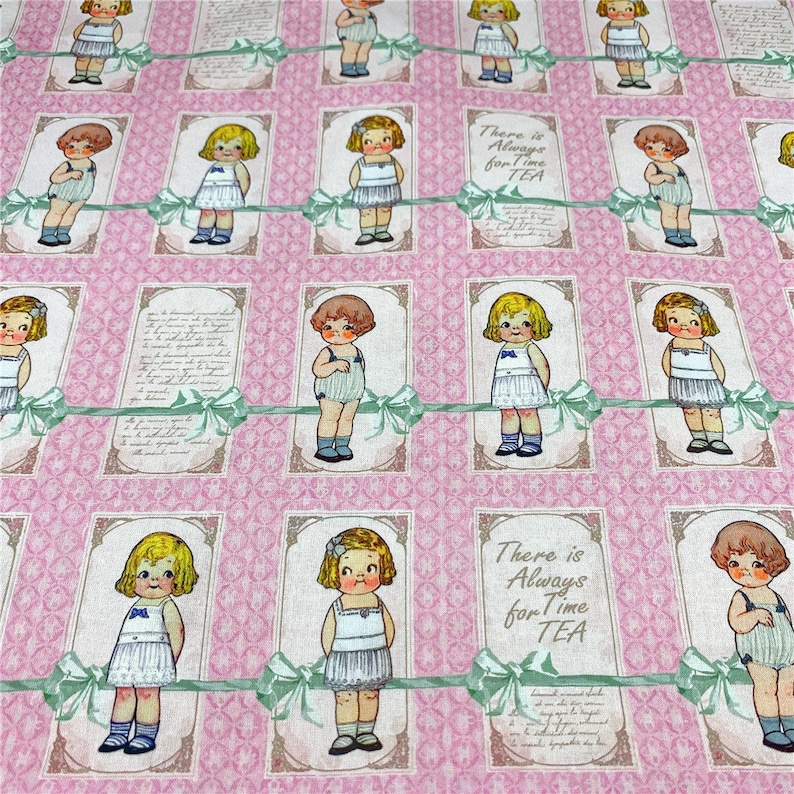 May include: Pink fabric with a repeating pattern of a girl in a white dress and a green bow. The text "There is Always Time for TEA" is included in the pattern.