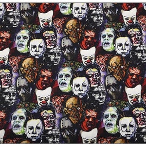 May include: A colorful fabric with a repeating pattern of horror movie character masks. The masks are in various colors, including red, green, white, and black. The fabric is perfect for Halloween costumes or decorations.