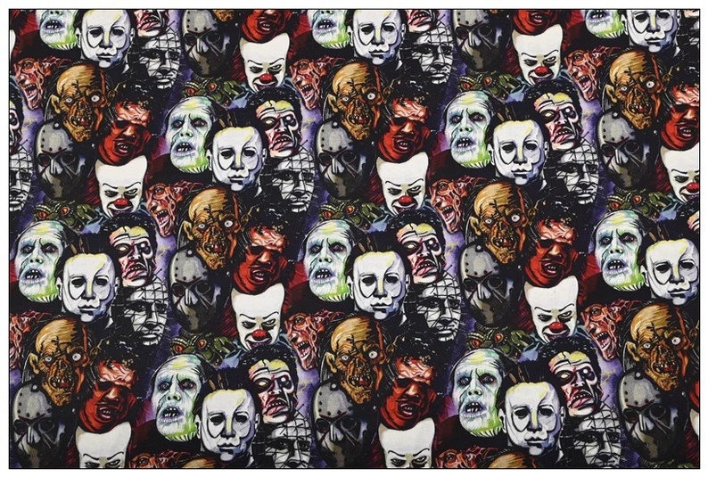 May include: A colorful fabric with a repeating pattern of horror movie character masks. The masks are in various colors, including red, green, white, and black. The fabric is perfect for Halloween costumes or decorations.