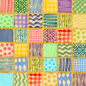 Peut inclure: Une courtepointe en patchwork composée d'une grille de carrés de tissu aux couleurs et motifs variés, incluant des rayures, du vichy, des pois, des motifs floraux et des lignes ondulées, séparés par de fines bordures cousues jaune doré.