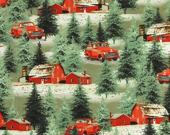 May include: A red and white patterned fabric with a repeating design of red barns, red pickup trucks, and green pine trees. The background is a light green color.