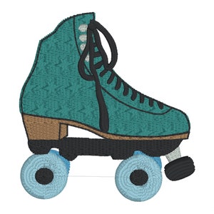 以下が含まれることがあります： ターコイズブルーのローラースケート。黒い靴ひも、茶色の車輪。黒いベースと青い車輪が付いている