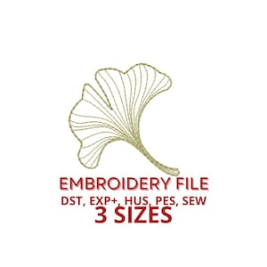 May include: Embroidery file of a gold ginkgo leaf. The file is available in DST, EXP+, HUS, PES, and SEW formats. It comes in 3 sizes.