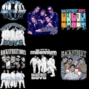 Puede incluir: Una colección de diseños gráficos que presentan a los Backstreet Boys, incluyendo varios retratos de la banda, el texto "Backstreet Boys" y "Millennium", y fotos grupales de los cinco miembros con diferentes atuendos sobre un fondo negro.