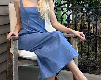 womens denim jumper dress Billy T Chambray Overall Maxi Dress