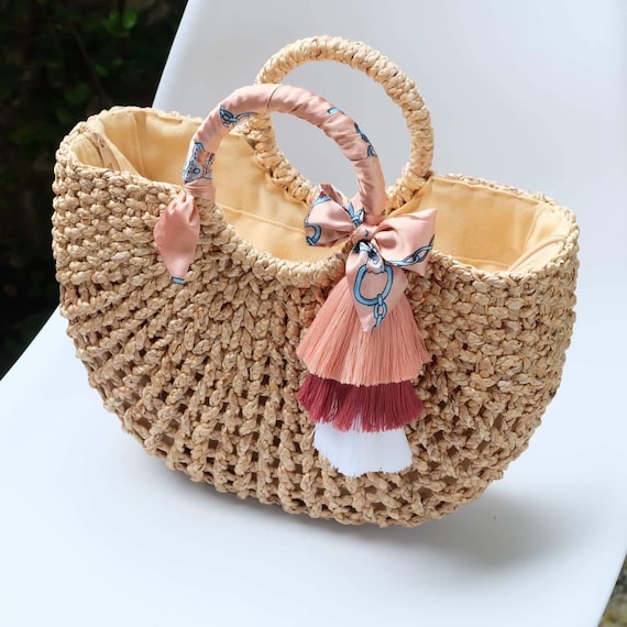 Thai Designer Summer Asian Silk Straw Handmade Ladies Beach Hobo Boho  Basket Tote Bag Wicker Woven Hyacinth Holiday Vacation Handbag Purse