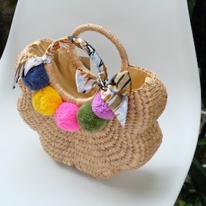 Hyacinth Beach Bags for Women - Hand Woven Totes Mini Shoulder bagegg with embroideredkat Texture and Flowers
