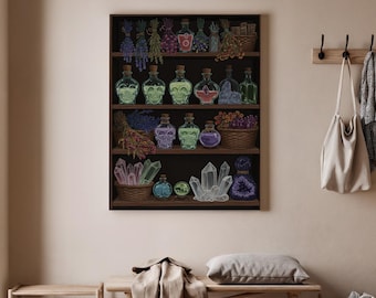 Estante de pociones de bruja, lienzo de Halloween, arte de pared, estante de botellas y cristales místicos, arte de boticario espeluznante para decoración del hogar de brujas, decoración artística