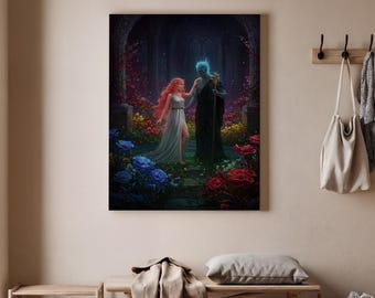 May include: A canvas print depicting a fantasy scene. A woman with red hair and a white dress stands with a blue-skinned figure in a dark setting. The scene is surrounded by colorful flowers, including blue and red roses, creating a vibrant contrast.