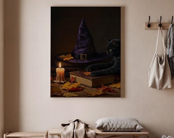 Arte de parede em tela de gato preto de Halloween, chapéu de bruxa e vela, impressão gótica, gato assustador e livros de magia, decoração de Halloween para casa, decoração de arte
