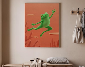 Leaping Frog Canvas Art, Green Frog Illustration, Playful Animal Artwork, Colorful Nature Decor, Fun Frog Wall Art, Animal Art Decor