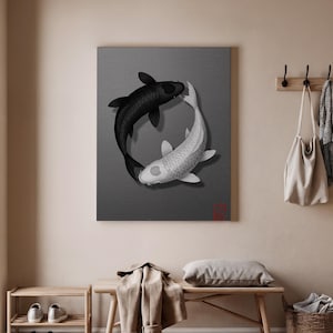 Yin Yang Koi Fish Canvas Wall Art, Black and White Japanese Style Print, Zen Minimalist Home Decor Poster, Asian Inspired Artwork