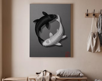 Yin Yang Koi fisk canvastavla, svartvitt japanskt tryck, zen minimalistisk heminredningsaffisch, asiatiskt inspirerat konstverk