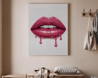 Lienzo enmarcado con labios estilo Pop Art, diseño de labios rosas goteando, decoración moderna y glamurosa para dormitorio, sala de estar o estudio de moda.