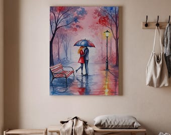Romantic Rainy Walk Canvas Art, Couple Under Umbrella Painting, Love in the Park Wall Decor, Colorful Impressionist Art Print, Art Decor