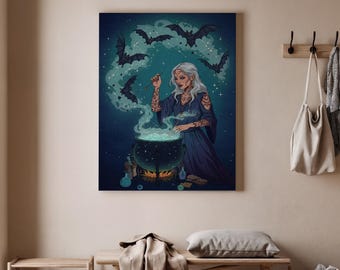 Witch's Brew Canvas Wall Art, Magical Potion Cauldron Print, Gothic Witch Art with Bats and Smoke, Mystical Home Decor, Art Decor
