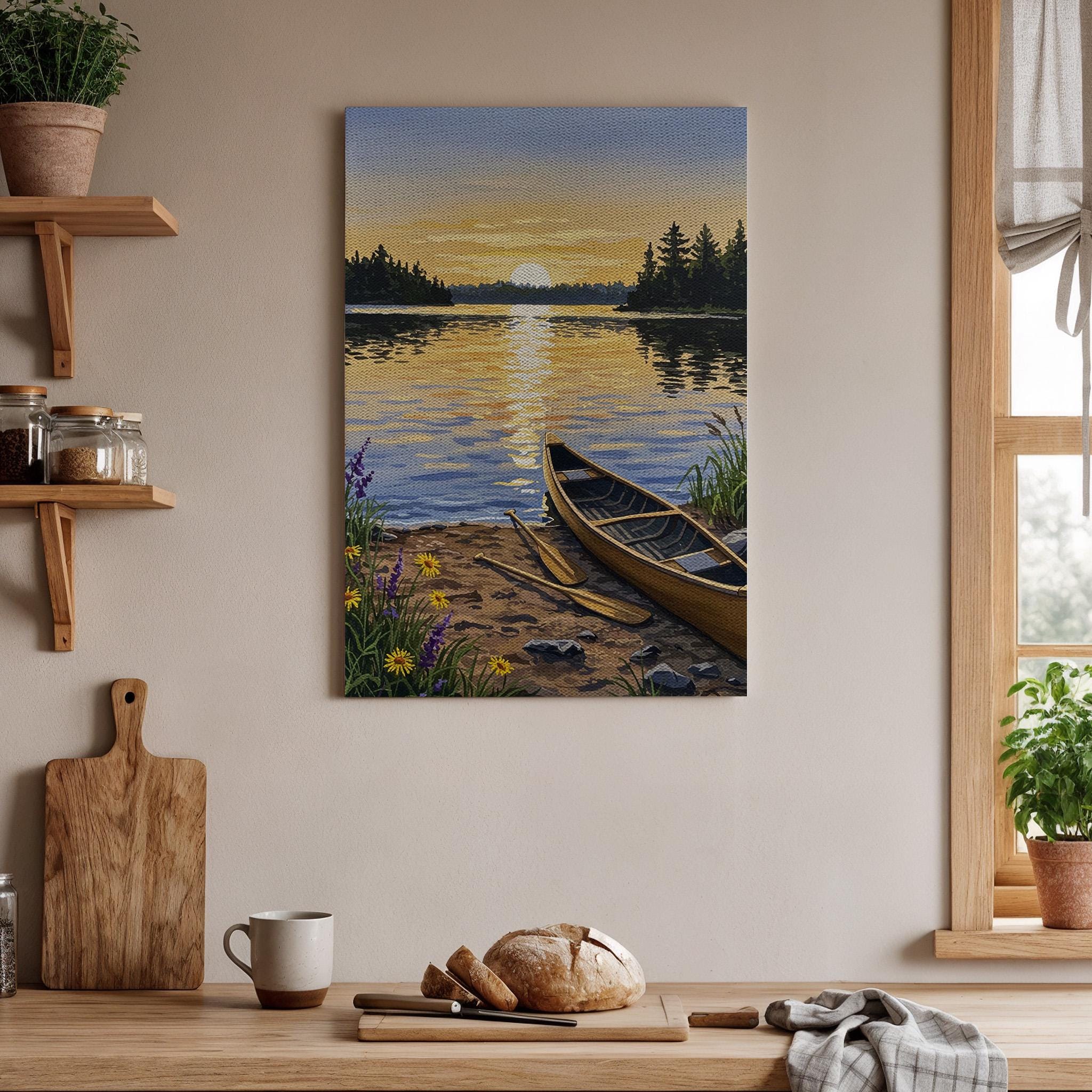 Lake Canoe Art Print, Serene Sunset Canvas Wall Art, Nature Landscape ...