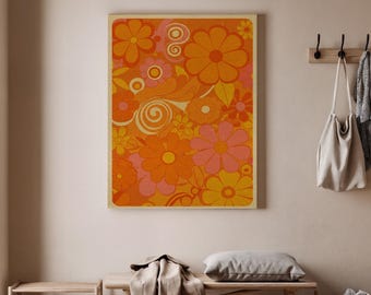 Retro Orange Flower Art, Vintage Floral Poster, Bright Orange Wall Art, Colorful Home Decor, 70s Inspired Flower Print, Boho Wall Art