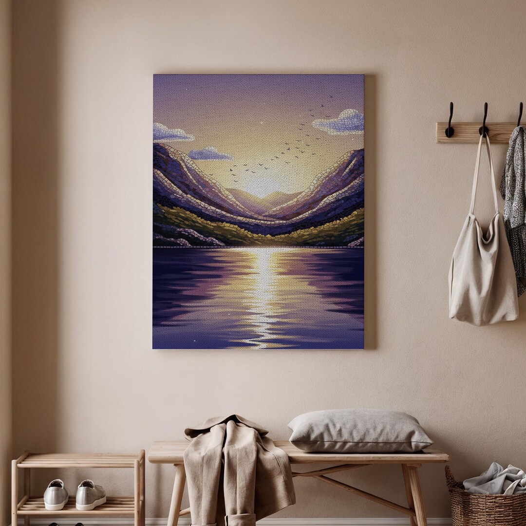 Sunset Mountain Lake Canvas Wall Art, Serene Landscape Print, Purple ...