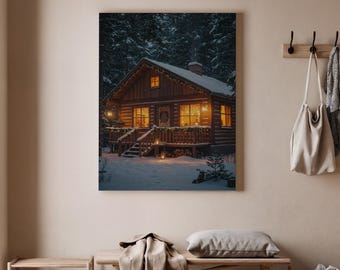 May include: A framed print of a cozy cabin in a snowy forest. The wooden cabin is lit with warm lights, and decorated with a wreath and string lights. The scene is set in a winter wonderland, with snow covering the ground and trees.
