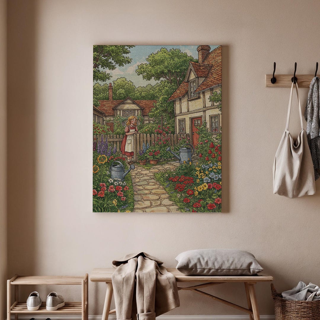 English Cottage Garden Canvas Wall Art, Vintage Floral House Print ...