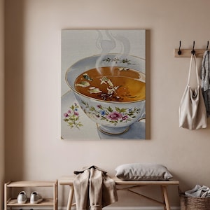 Vintage Tea Cup Wall Art, Floral Teacup Canvas Print, Elegant Tea Poster, Classic Kitchen Decor, Cozy Tea Time Artwork, Art Decor