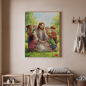 Jesus with Children Canvas Wall Art, Christian Kids Room Decor, Religious Bible Story Painting, Faith-Based Nursery Artwork, Art Decor