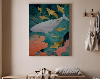 May include: An artistic canvas print featuring a whale and several golden fish swimming in a teal ocean. The artwork includes coral-colored clouds in the foreground. The print is displayed on a wall in a room with a bench and coat rack.