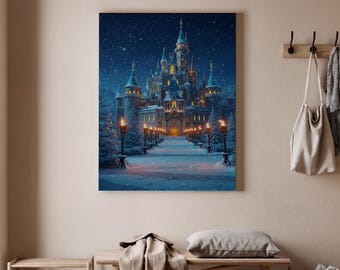 Lienzo decorativo de castillo navideño, impresión de un mágico palacio invernal, escena nocturna festiva, paisaje nevado encantado, decoración artística