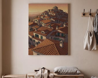 Arte de parede em tela de vila italiana, impressão de paisagem urbana mediterrânea, pintura rústica em telhado, pôster de pôr do sol toscano, decoração europeia para casa