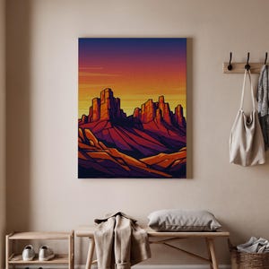Desert Landscape Canvas, Abstract Mountain Print, Sunset Desert Art, Geometric Desert Scene, Modern Desert Artwork, Art Decor and Home Decor